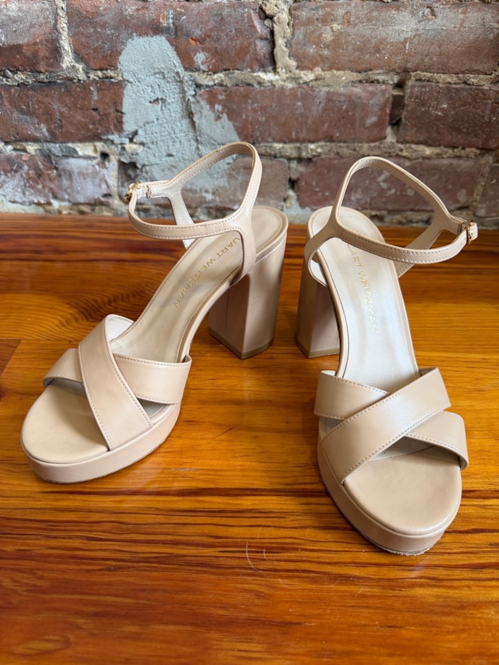 Stuart Weitzman Dayna Beige Leather Platform Sandals with Ankle Strap